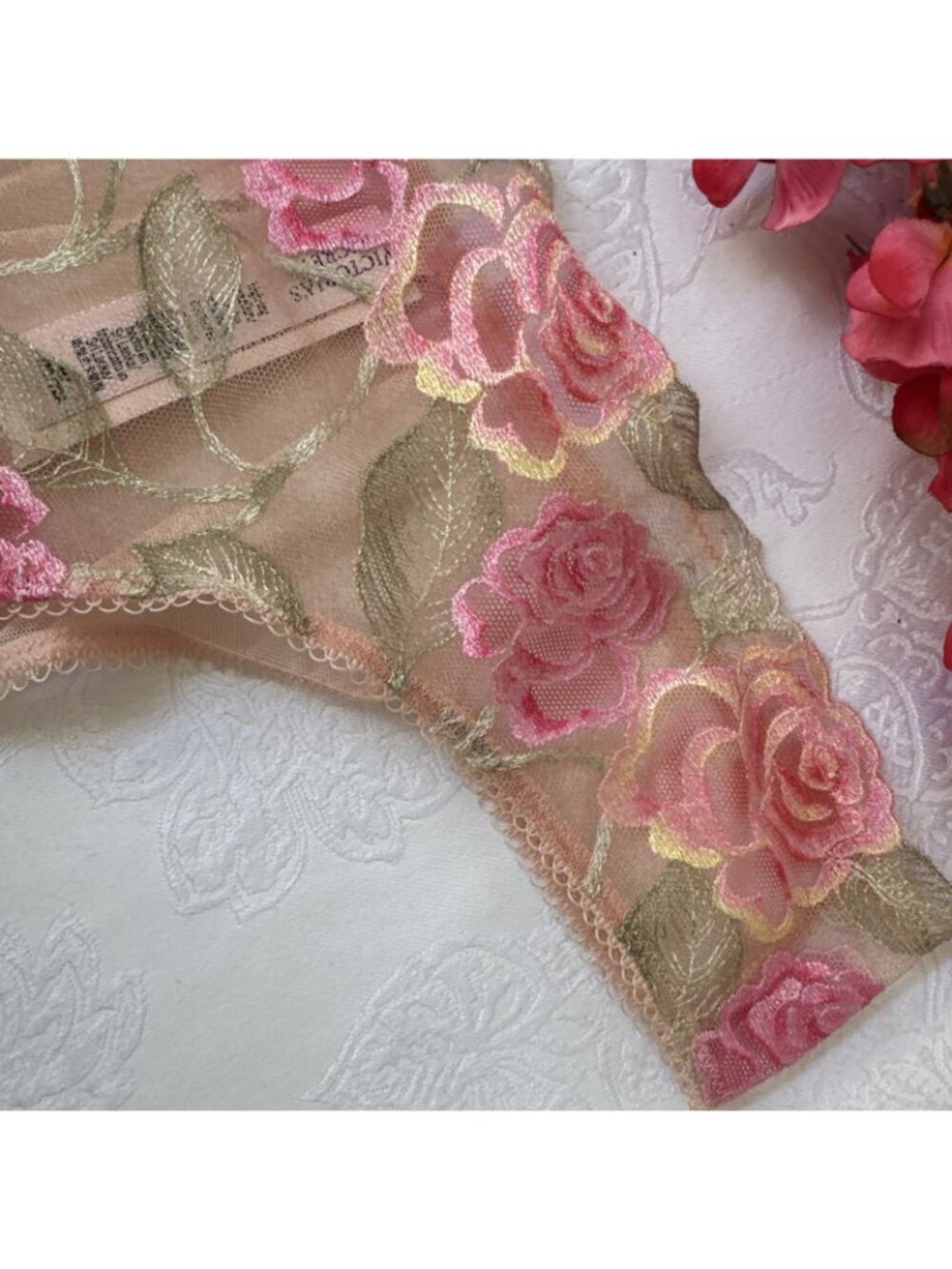 VICTORIA'S SECRET M PINK EMBROIDERED FLORAL HIGH LEG BRAZILIAN PANTIES NWT $30 - Picture 7 of 14